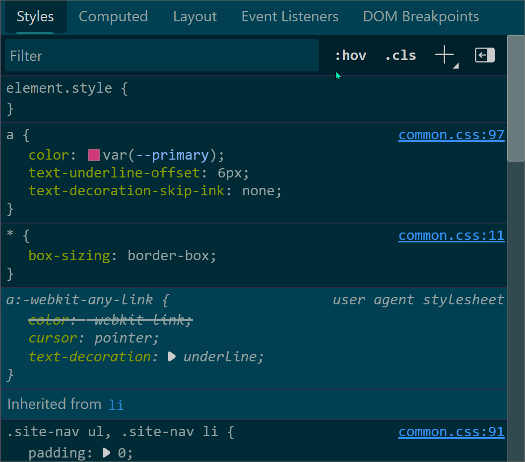 Animation of clicking on a custom property link in the Styles panel in Edge.